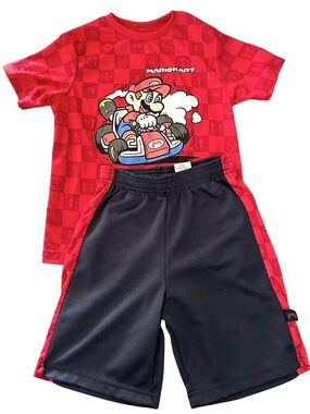 Nintendo Red Mario Kart Graphic Tee with Navy Blue Shorts